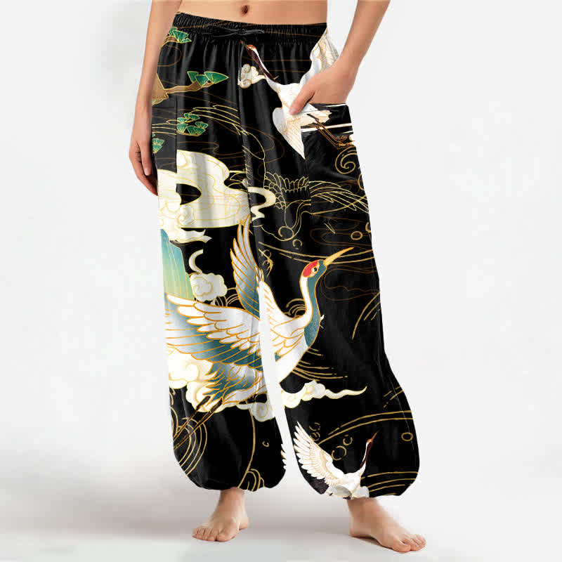 Buddha Stones Cotton Oriental Crane Wave Pattern Women's Elastic Waist Harem Pants With Side Pockets - Black - US16,UK/AU20,EU48 (3XL) - image 0