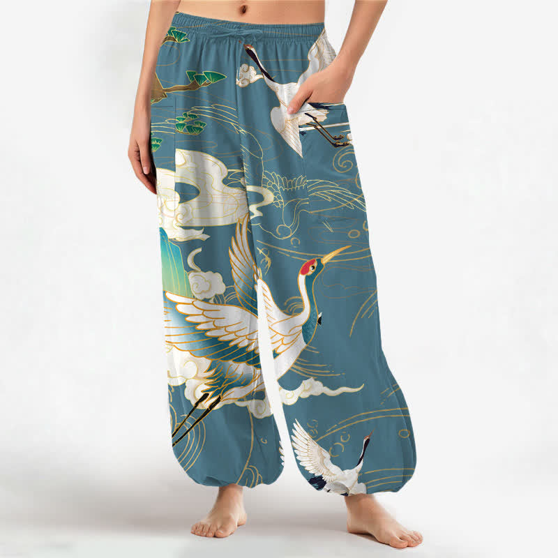 Buddha Stones Cotton Oriental Crane Wave Pattern Women's Elastic Waist Harem Pants With Side Pockets - CadetBlue - US16,UK/AU20,EU48 (3XL) - image 7