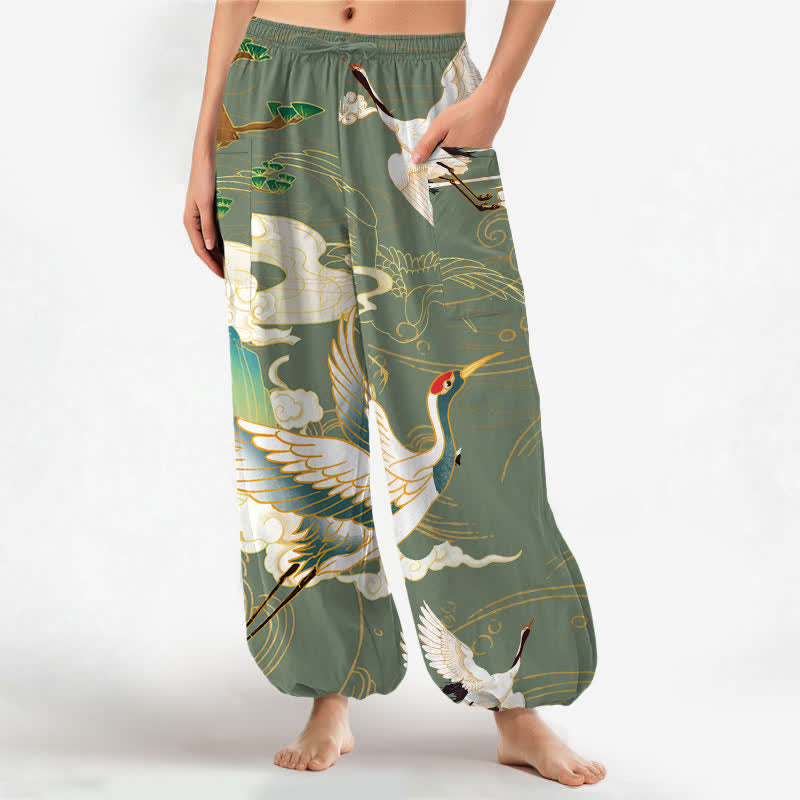 Buddha Stones Cotton Oriental Crane Wave Pattern Women's Elastic Waist Harem Pants With Side Pockets - OliveDrab - US16,UK/AU20,EU48 (3XL) - image 10