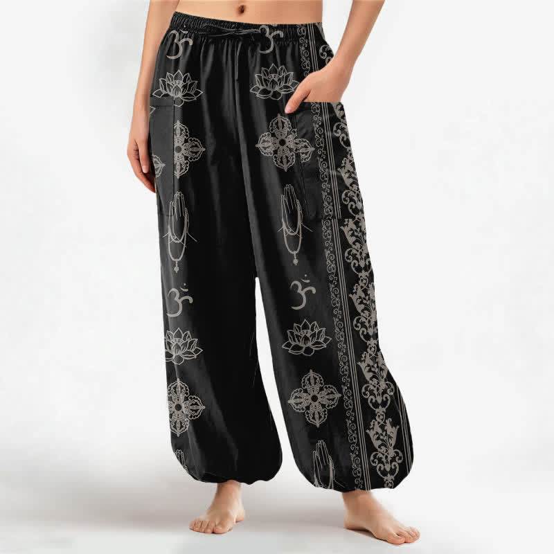 Buddha Stones Cotton Lotus Flowers Double Dorje Vajra Namaste OM Pattern Women's Elastic Waist Harem Pants With Side Pockets - Black - US16,UK/AU20,EU48 (3XL) - image 0