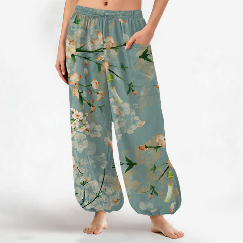 Buddha Stones Cotton Peach Blossoms Flying Birds Pattern Women's Elastic Waist Harem Pants With Side Pockets - CadetBlue - US16,UK/AU20,EU48 (3XL) - image 0