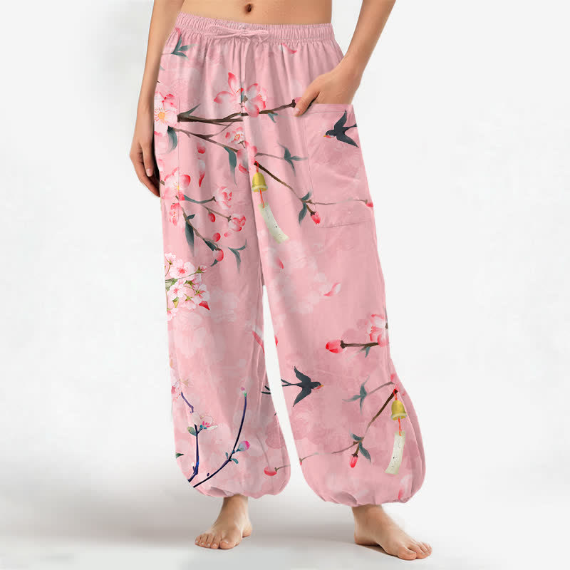Buddha Stones Cotton Peach Blossoms Flying Birds Pattern Women's Elastic Waist Harem Pants With Side Pockets - LightPink - US16,UK/AU20,EU48 (3XL) - image 7