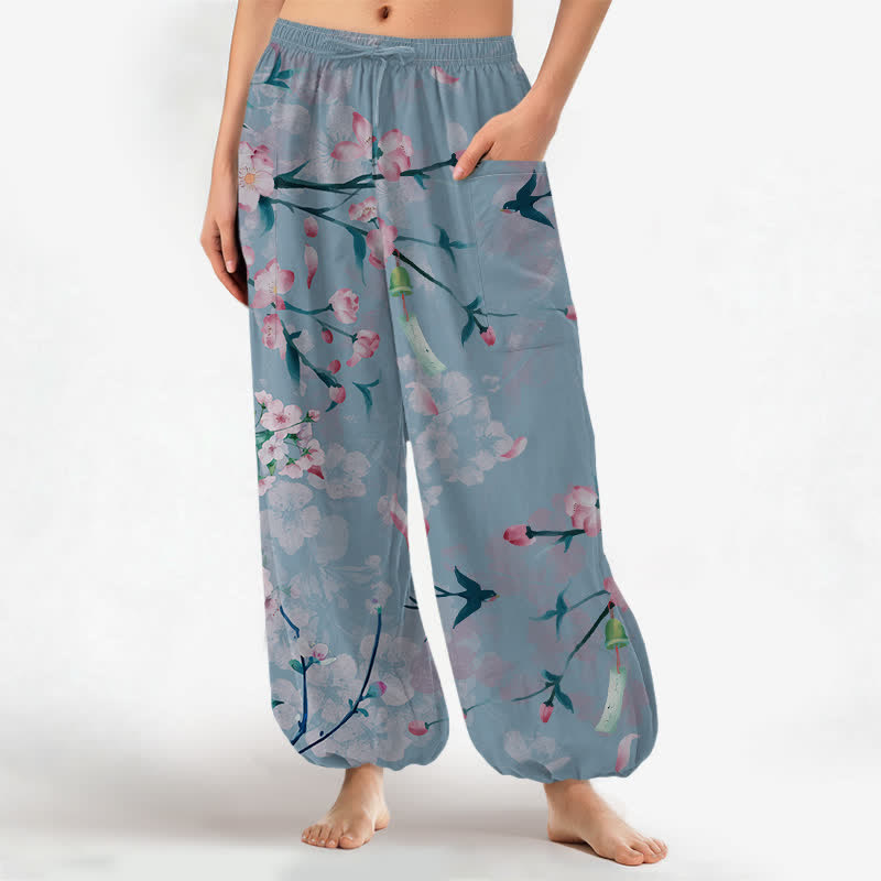 Buddha Stones Cotton Peach Blossoms Flying Birds Pattern Women's Elastic Waist Harem Pants With Side Pockets - LightSteelBlue - US16,UK/AU20,EU48 (3XL) - image 10