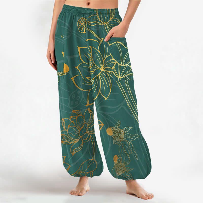 Buddha Stones Cotton Golden Lotus Koi Fish Pattern Women's Elastic Waist Harem Pants With Side Pockets - Teal - US16,UK/AU20,EU48 (3XL) - image 0