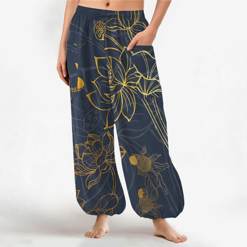 Buddha Stones Cotton Golden Lotus Koi Fish Pattern Women's Elastic Waist Harem Pants With Side Pockets - DimGray - US16,UK/AU20,EU48 (3XL) - image 7