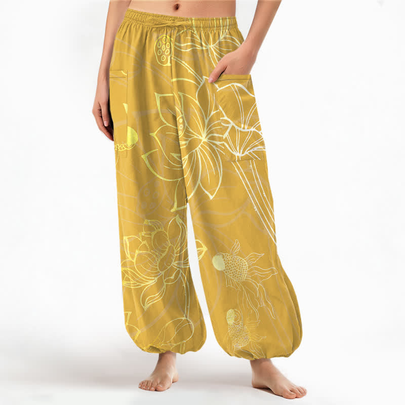 Buddha Stones Cotton Golden Lotus Koi Fish Pattern Women's Elastic Waist Harem Pants With Side Pockets - Gold - US16,UK/AU20,EU48 (3XL) - image 10