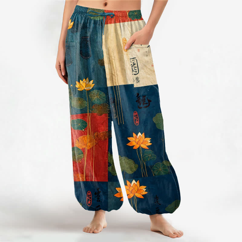 Buddha Stones Cotton Oriental Lotus Leaves Patchwork Design Pattern Women's Elastic Waist Harem Pants With Side Pockets - SteelBlue - US16,UK/AU20,EU48 (3XL) - image 7