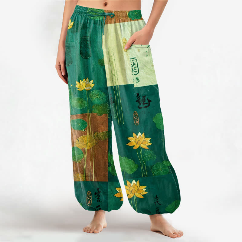 Buddha Stones Cotton Oriental Lotus Leaves Patchwork Design Pattern Women's Elastic Waist Harem Pants With Side Pockets - MediumAquamarine - US16,UK/AU20,EU48 (3XL) - image 10