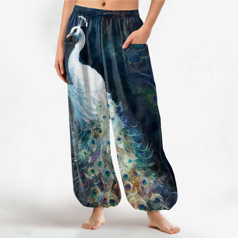 Buddha Stones Cotton White Peacock Feather Pattern Women's Elastic Waist Harem Pants With Side Pockets - Navy - US16,UK/AU20,EU48 (3XL) - image 0