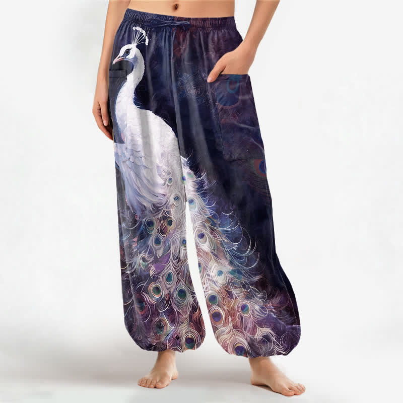 Buddha Stones Cotton White Peacock Feather Pattern Women's Elastic Waist Harem Pants With Side Pockets - Indigo - US16,UK/AU20,EU48 (3XL) - image 7