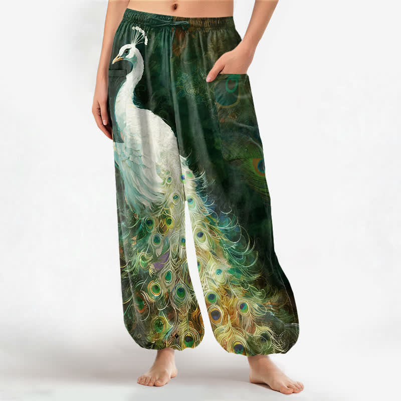 Buddha Stones Cotton White Peacock Feather Pattern Women's Elastic Waist Harem Pants With Side Pockets - DarkGreen - US16,UK/AU20,EU48 (3XL) - image 10