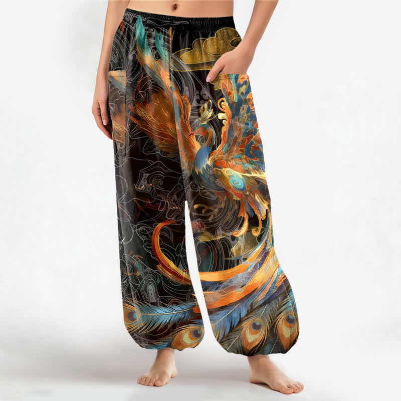 Buddha Stones Cotton Bohemian Flying Phoenix Feather Pattern Women's Elastic Waist Harem Pants With Side Pockets - Black - US16,UK/AU20,EU48 (3XL) - image 0