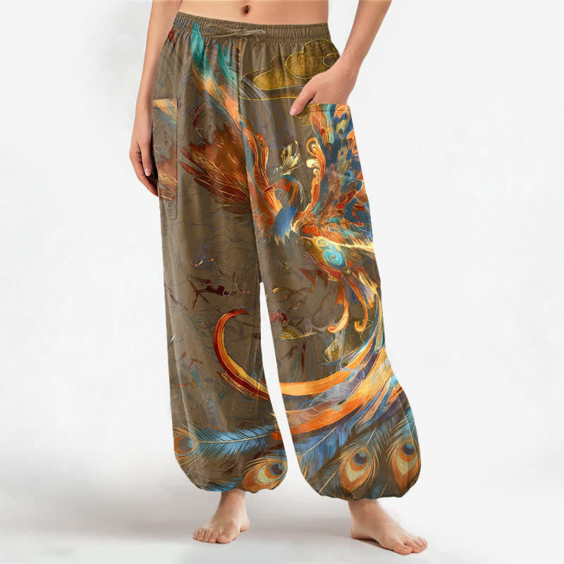 Buddha Stones Cotton Bohemian Flying Phoenix Feather Pattern Women's Elastic Waist Harem Pants With Side Pockets - Peru - US16,UK/AU20,EU48 (3XL) - image 7
