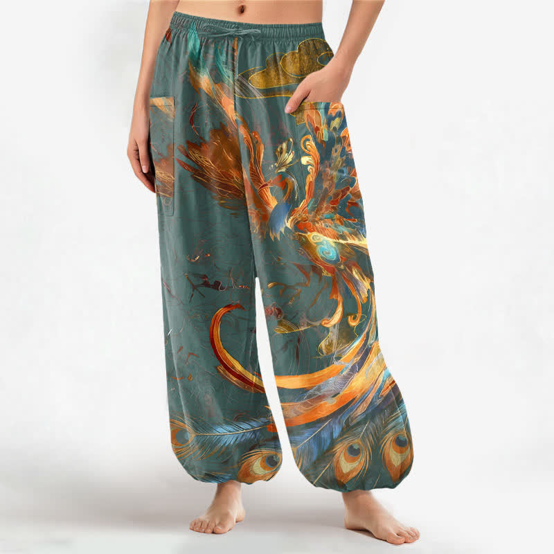 Buddha Stones Cotton Bohemian Flying Phoenix Feather Pattern Women's Elastic Waist Harem Pants With Side Pockets - CadetBlue - US16,UK/AU20,EU48 (3XL) - image 10
