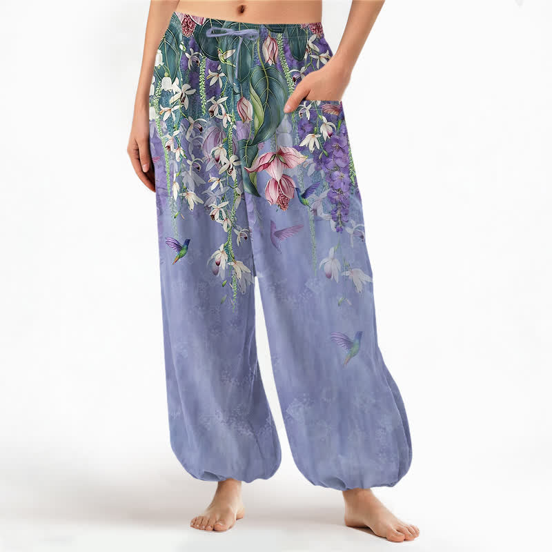 Buddha Stones Cotton Vintage Wisteria Birds Floral Pattern Women's Elastic Waist Harem Pants With Side Pockets - Lavender - US16,UK/AU20,EU48 (3XL) - image 0