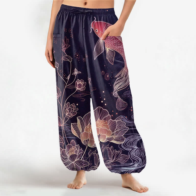 Buddha Stones Cotton Koi Fish Lotus Flowers Pattern Women's Elastic Waist Harem Pants With Side Pockets - Purple - US16,UK/AU20,EU48 (3XL) - image 7