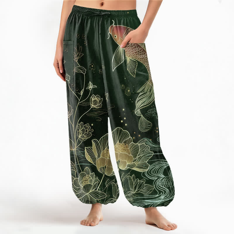 Buddha Stones Cotton Koi Fish Lotus Flowers Pattern Women's Elastic Waist Harem Pants With Side Pockets - DarkGreen - US16,UK/AU20,EU48 (3XL) - image 10