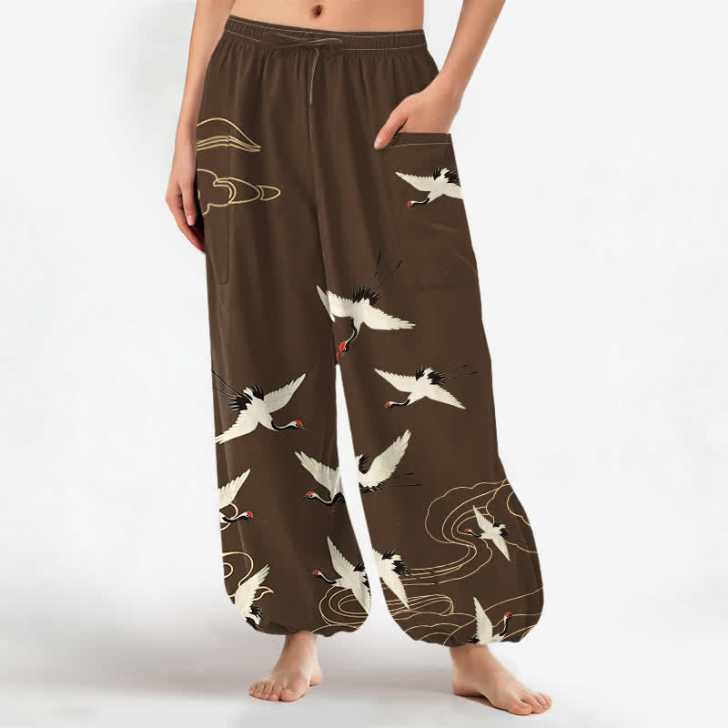 Buddha Stones Cotton Oriental White Crane Cloud Pattern Women's Elastic Waist Harem Pants With Side Pockets - SaddleBrown - US16,UK/AU20,EU48 (3XL) - image 7