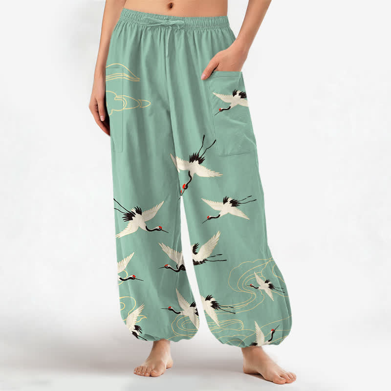 Buddha Stones Cotton Oriental White Crane Cloud Pattern Women's Elastic Waist Harem Pants With Side Pockets - MediumAquamarine - US16,UK/AU20,EU48 (3XL) - image 10