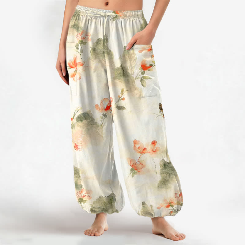 Buddha Stones Cotton Watercolor Floral Butterfly Pattern Women's Elastic Waist Harem Pants With Side Pockets - Ivory - US16,UK/AU20,EU48 (3XL) - image 0