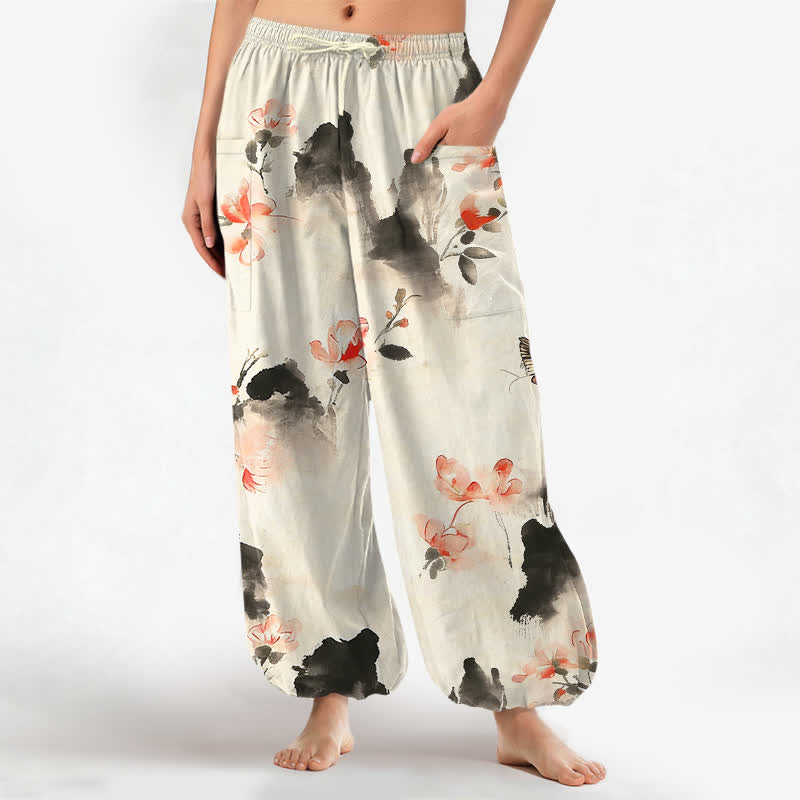 Buddha Stones Cotton Watercolor Floral Butterfly Pattern Women's Elastic Waist Harem Pants With Side Pockets - DarkGray - US16,UK/AU20,EU48 (3XL) - image 7