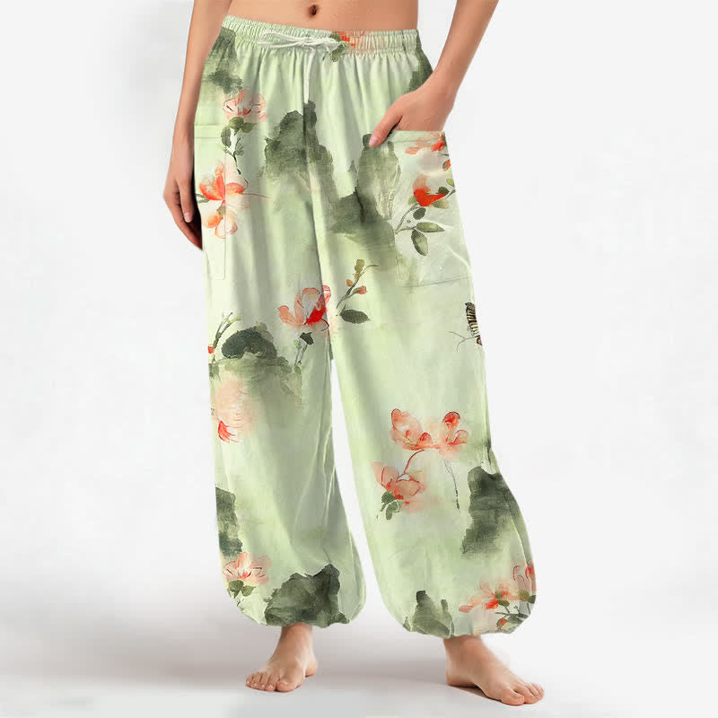 Buddha Stones Cotton Watercolor Floral Butterfly Pattern Women's Elastic Waist Harem Pants With Side Pockets - MintCream - US16,UK/AU20,EU48 (3XL) - image 10