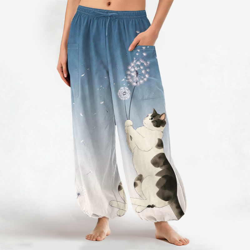 Buddha Stones Cotton Dreamy Cow Cat Dandelion Pattern Women's Elastic Waist Harem Pants With Side Pockets - SteelBlue - US16,UK/AU20,EU48 (3XL) - image 0