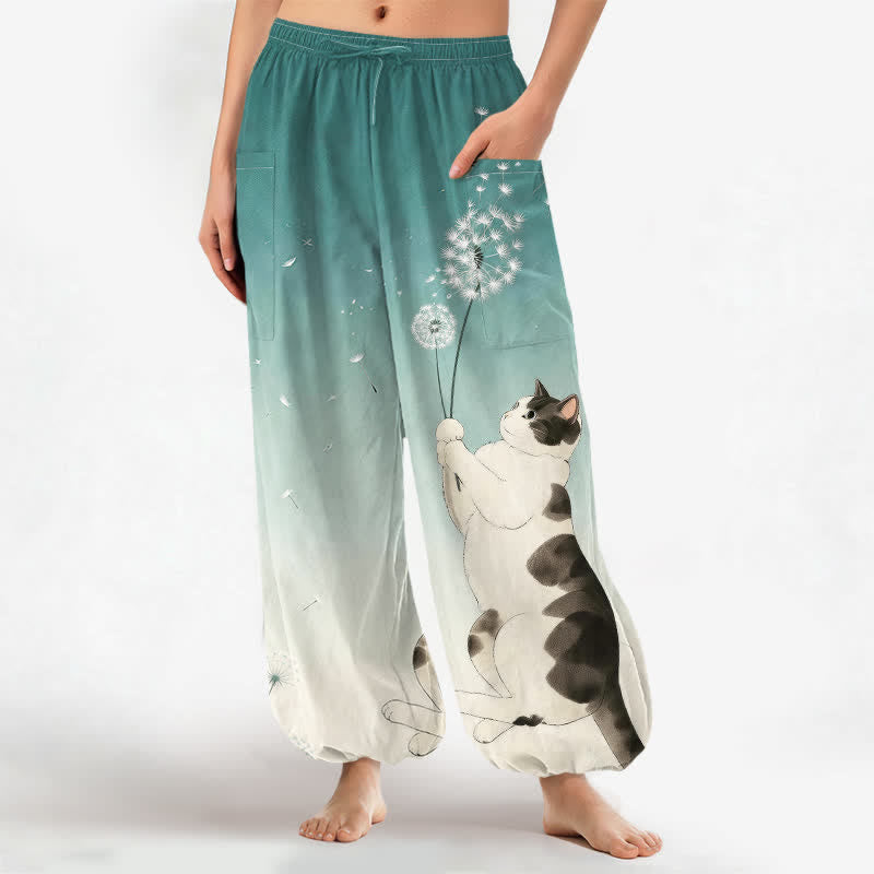 Buddha Stones Cotton Dreamy Cow Cat Dandelion Pattern Women's Elastic Waist Harem Pants With Side Pockets - Teal - US16,UK/AU20,EU48 (3XL) - image 7