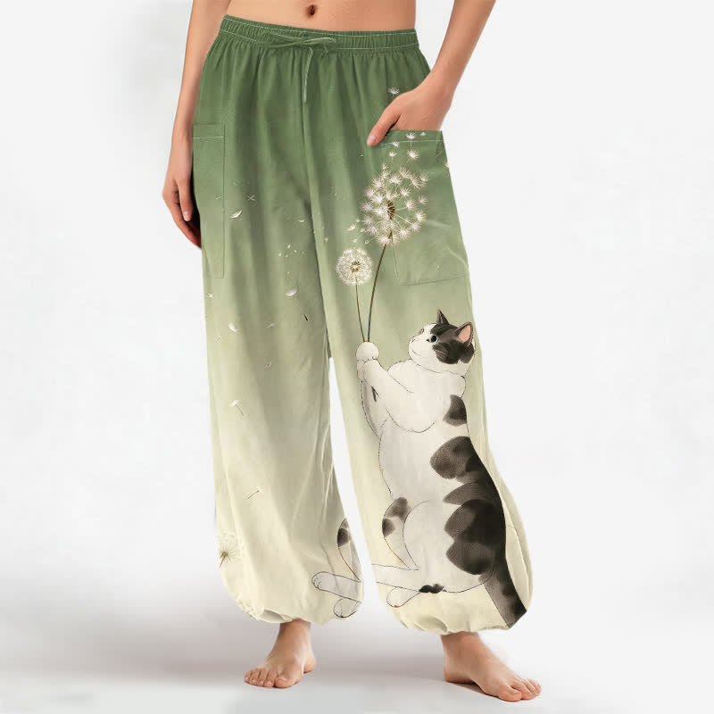 Buddha Stones Cotton Dreamy Cow Cat Dandelion Pattern Women's Elastic Waist Harem Pants With Side Pockets - OliveDrab - US16,UK/AU20,EU48 (3XL) - image 10
