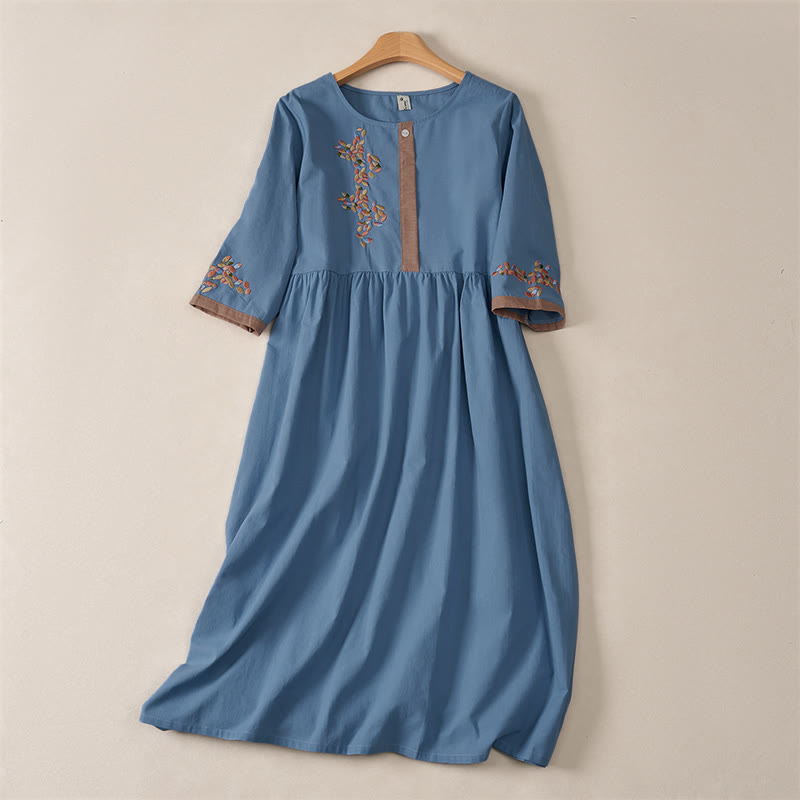 Buddha Stones Spring Ethnic Embroidery Half Sleeve Women's Midi Dress - SteelBlue - US12,UK/AU16,EU44 (2XL) - image 21
