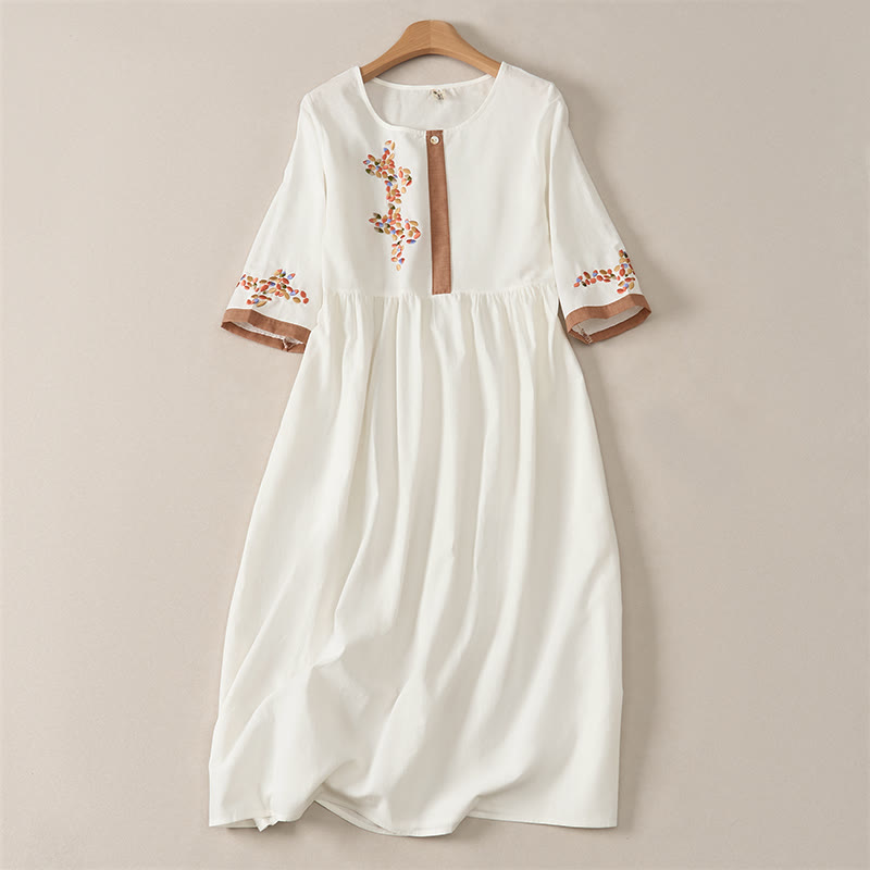 Buddha Stones Spring Ethnic Embroidery Half Sleeve Women's Midi Dress - White - US12,UK/AU16,EU44 (2XL) - image 0