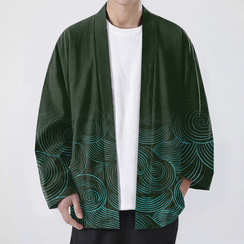 Buddha Stones Cotton Ripple Circle Pattern Open Front Men's Kimono - DarkGreen - US/UK/AU48,EU58 (4XL) - image 0