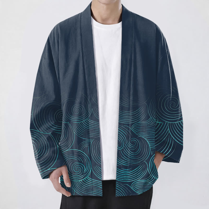Buddha Stones Cotton Ripple Circle Pattern Open Front Men's Kimono - Navy - US/UK/AU48,EU58 (4XL) - image 6