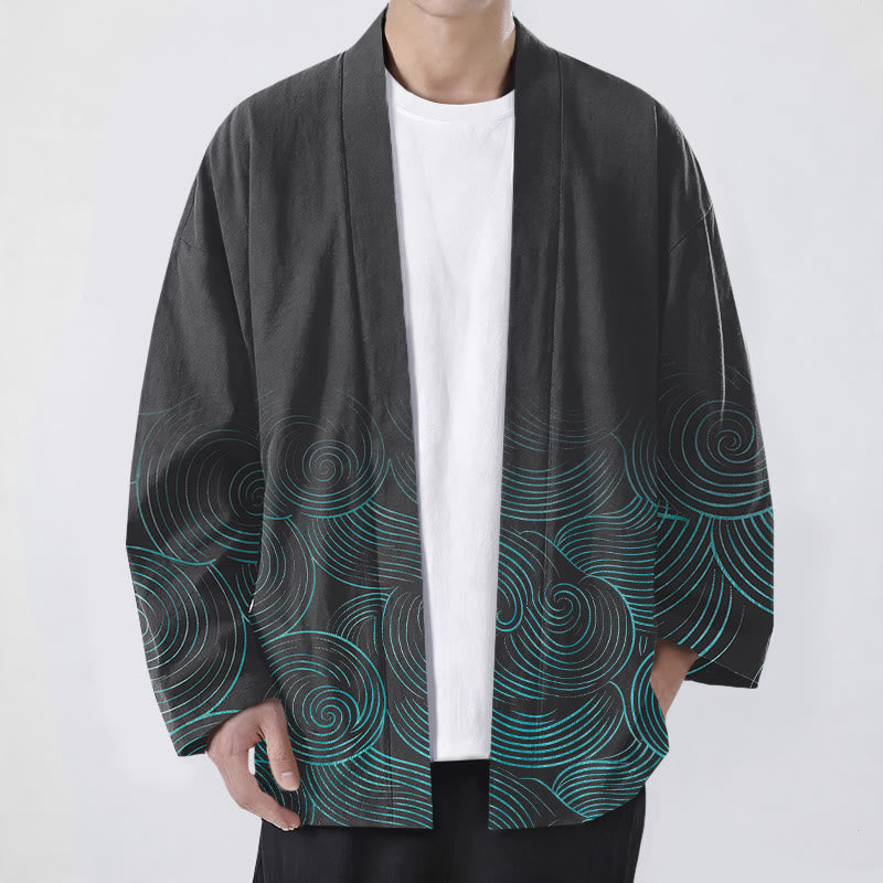 Buddha Stones Cotton Ripple Circle Pattern Open Front Men's Kimono - Black - US/UK/AU48,EU58 (4XL) - image 9