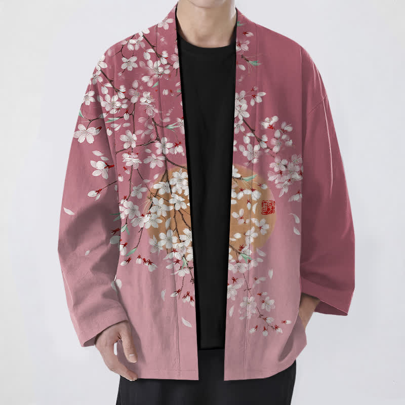 Buddha Stones Cotton White Cherry Blossom Pattern Open Front Men's Kimono - PaleVioletRed - US/UK/AU48,EU58 (4XL) - image 0
