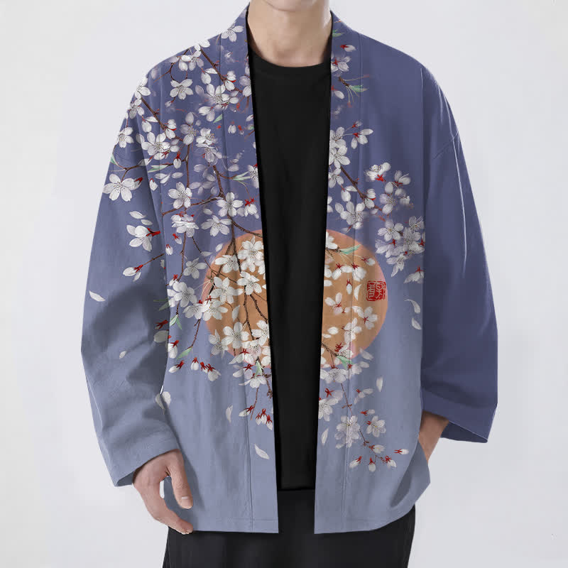 Buddha Stones Cotton White Cherry Blossom Pattern Open Front Men's Kimono - SlateBlue - US/UK/AU48,EU58 (4XL) - image 6