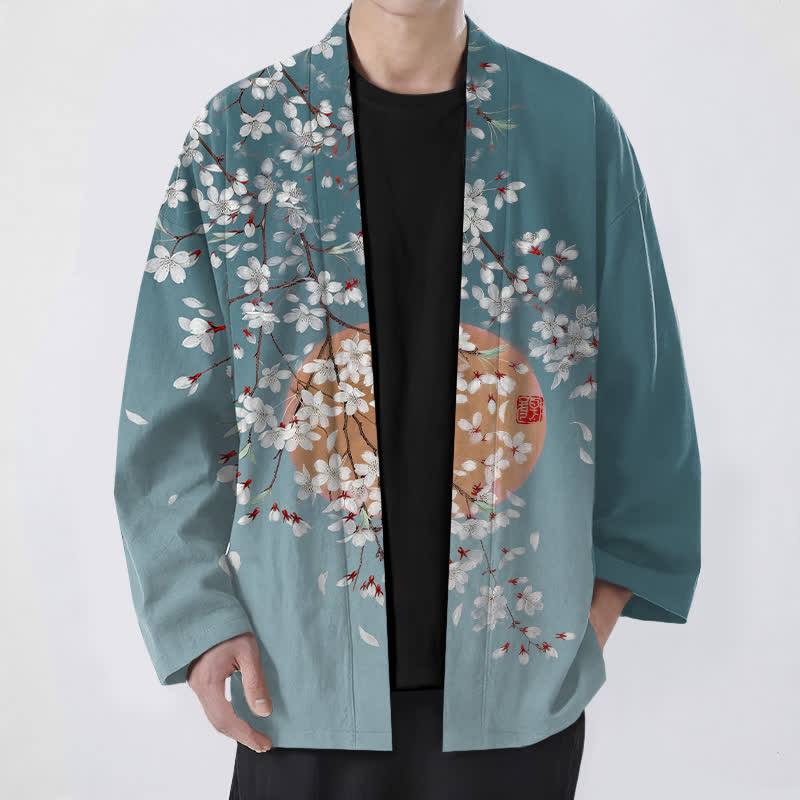 Buddha Stones Cotton White Cherry Blossom Pattern Open Front Men's Kimono - Teal - US/UK/AU48,EU58 (4XL) - image 9