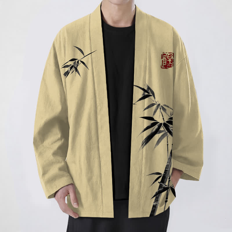 Buddha Stones Cotton Asymmetrical Ink Bamboo Pattern Open Front Men's Kimono - Wheat - US/UK/AU48,EU58 (4XL) - image 0