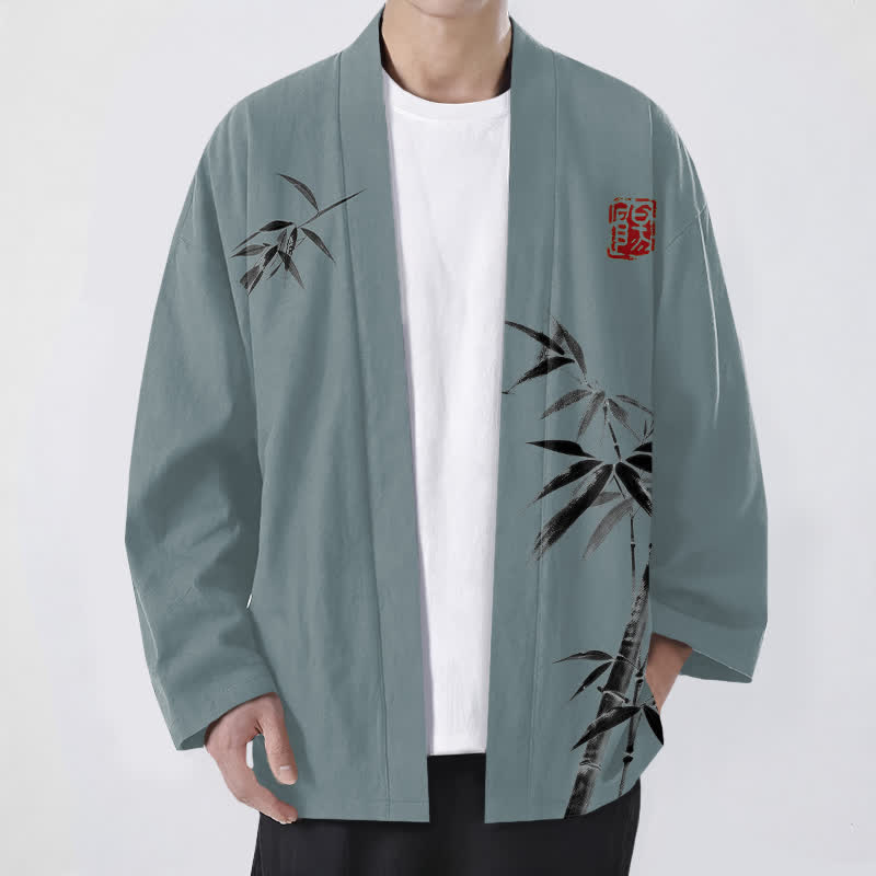 Buddha Stones Cotton Asymmetrical Ink Bamboo Pattern Open Front Men's Kimono - CadetBlue - US/UK/AU48,EU58 (4XL) - image 6