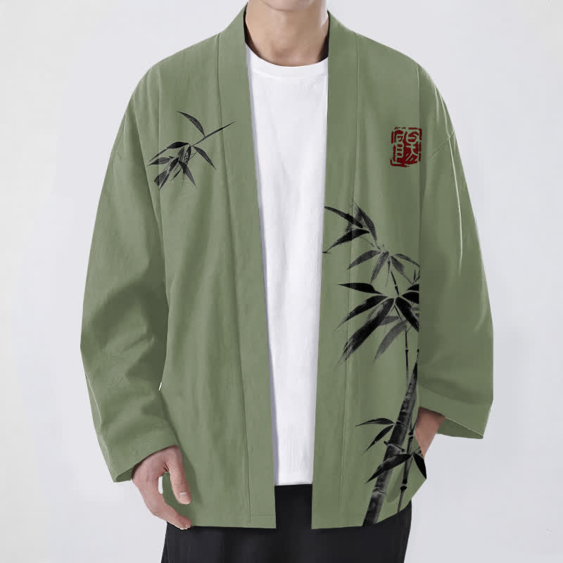 Buddha Stones Cotton Asymmetrical Ink Bamboo Pattern Open Front Men's Kimono - OliveDrab - US/UK/AU48,EU58 (4XL) - image 9
