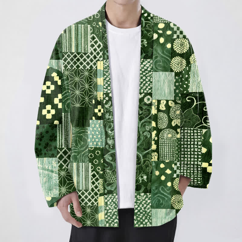 Buddha Stones Cotton Vintage Floral Patchwork Pattern Open Front Men's Kimono - ForestGreen - US/UK/AU48,EU58 (4XL) - image 9
