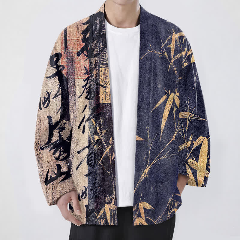 Buddha Stones Cotton Zen Calligraphy Bamboo Pattern Open Front Men's Kimono - Navy - US/UK/AU48,EU58 (4XL) - image 0
