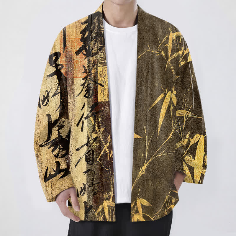 Buddha Stones Cotton Zen Calligraphy Bamboo Pattern Open Front Men's Kimono - Goldenrod - US/UK/AU48,EU58 (4XL) - image 6