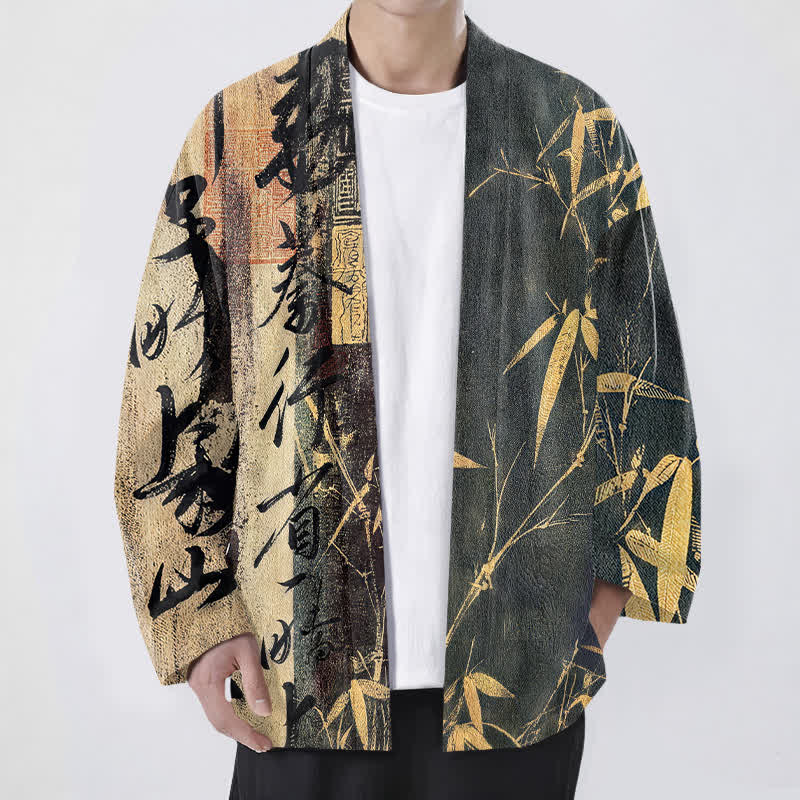 Buddha Stones Cotton Zen Calligraphy Bamboo Pattern Open Front Men's Kimono - Gray - US/UK/AU48,EU58 (4XL) - image 9