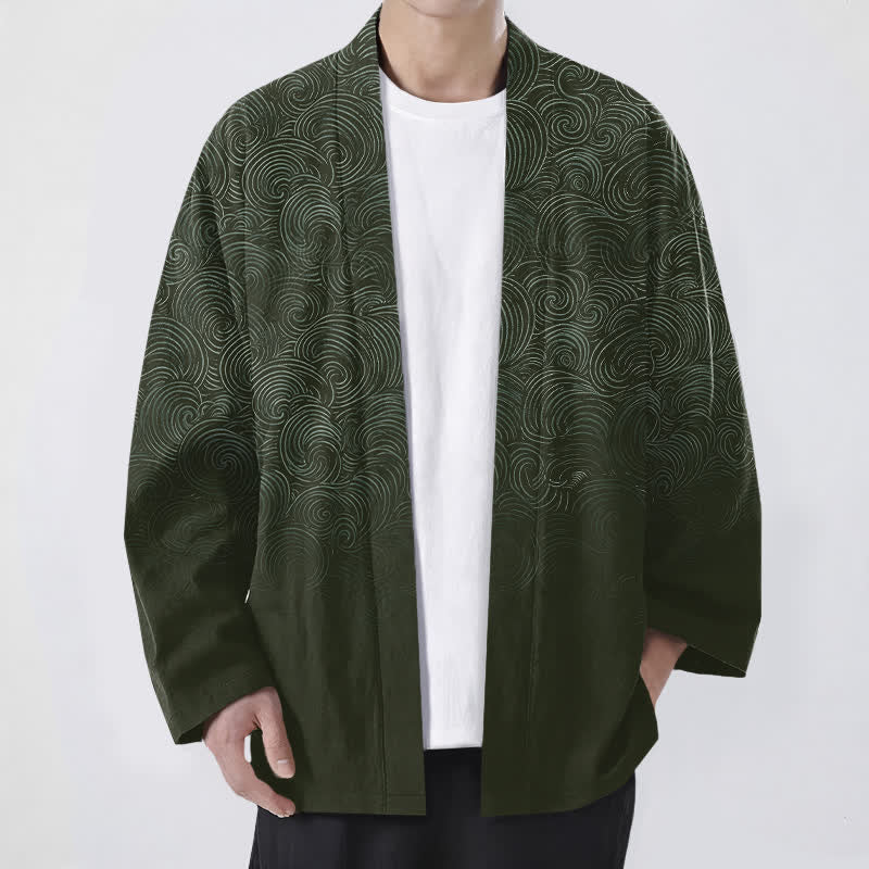 Buddha Stones Cotton Swirl Gradient Pattern Open Front Men's Kimono - DarkOliveGreen - US/UK/AU48,EU58 (4XL) - image 6