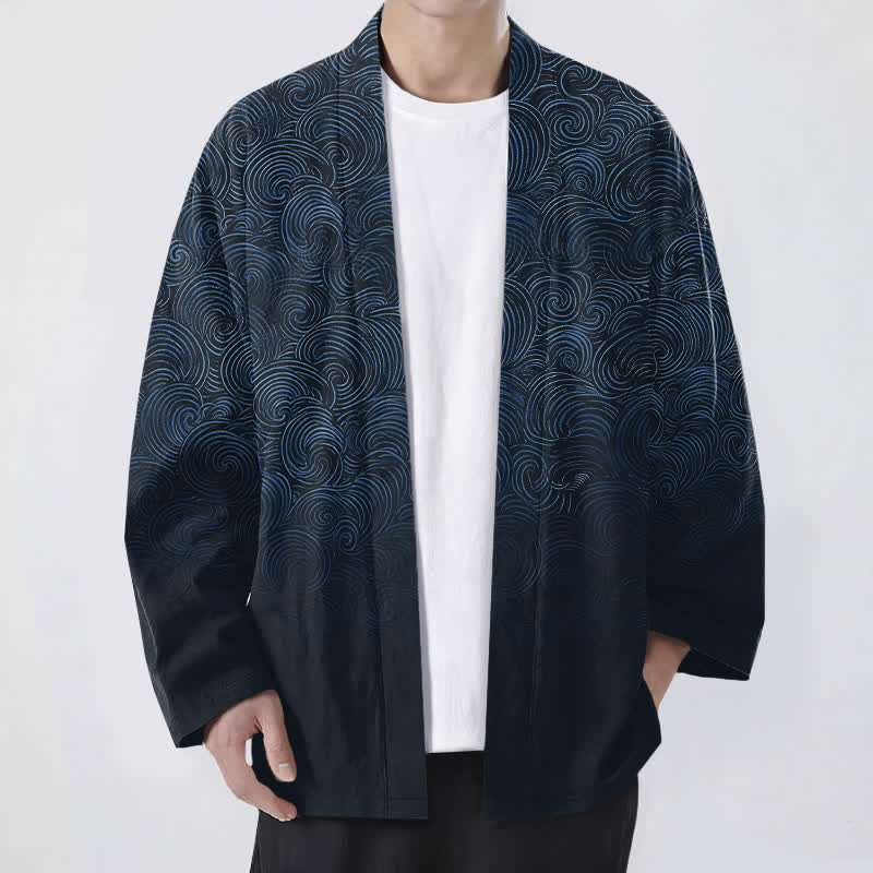 Buddha Stones Cotton Swirl Gradient Pattern Open Front Men's Kimono - Navy - US/UK/AU48,EU58 (4XL) - image 9