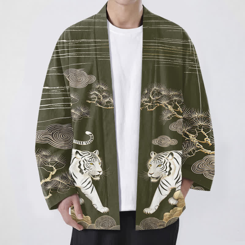 Buddha Stones Cotton White Tiger Cloud Pine Pattern Open Front Men's Kimono - Olive - US/UK/AU48,EU58 (4XL) - image 0