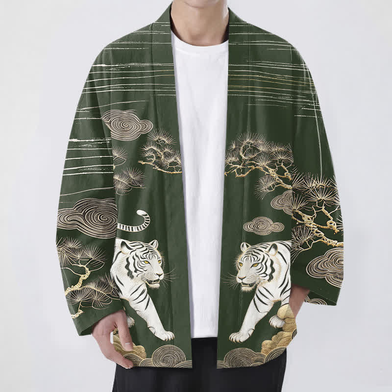 Buddha Stones Cotton White Tiger Cloud Pine Pattern Open Front Men's Kimono - DarkGreen - US/UK/AU48,EU58 (4XL) - image 6