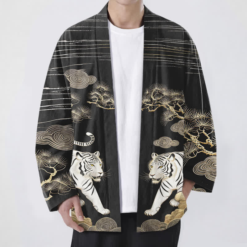 Buddha Stones Cotton White Tiger Cloud Pine Pattern Open Front Men's Kimono - Black - US/UK/AU48,EU58 (4XL) - image 9
