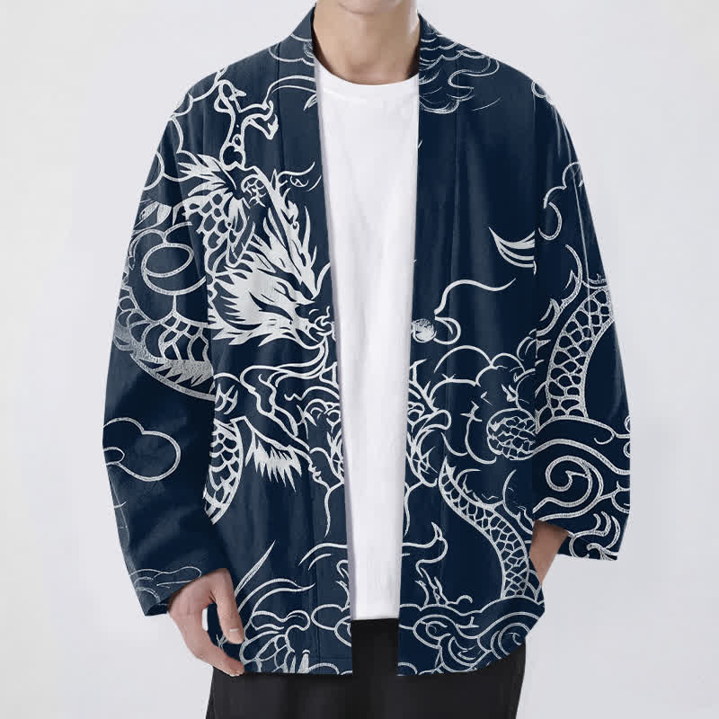Buddha Stones Cotton Traditional Dragon Cloud Pattern Open Front Men's Kimono - Navy - US/UK/AU48,EU58 (4XL) - image 0